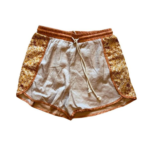 Mystree Anthro Women's Boho Dolphin Hem Shorts Gold Embroidered Panels Lined S - Picture 1 of 6